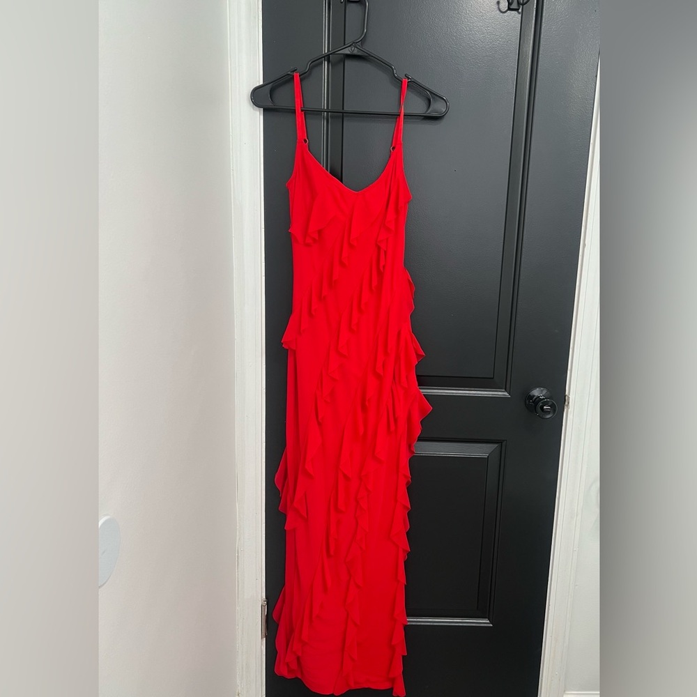 Red ruffle midi dress